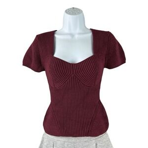 Staud Knit Sweater Top Womens Size Small Burgundy Short Sleeve Viscose Nylon